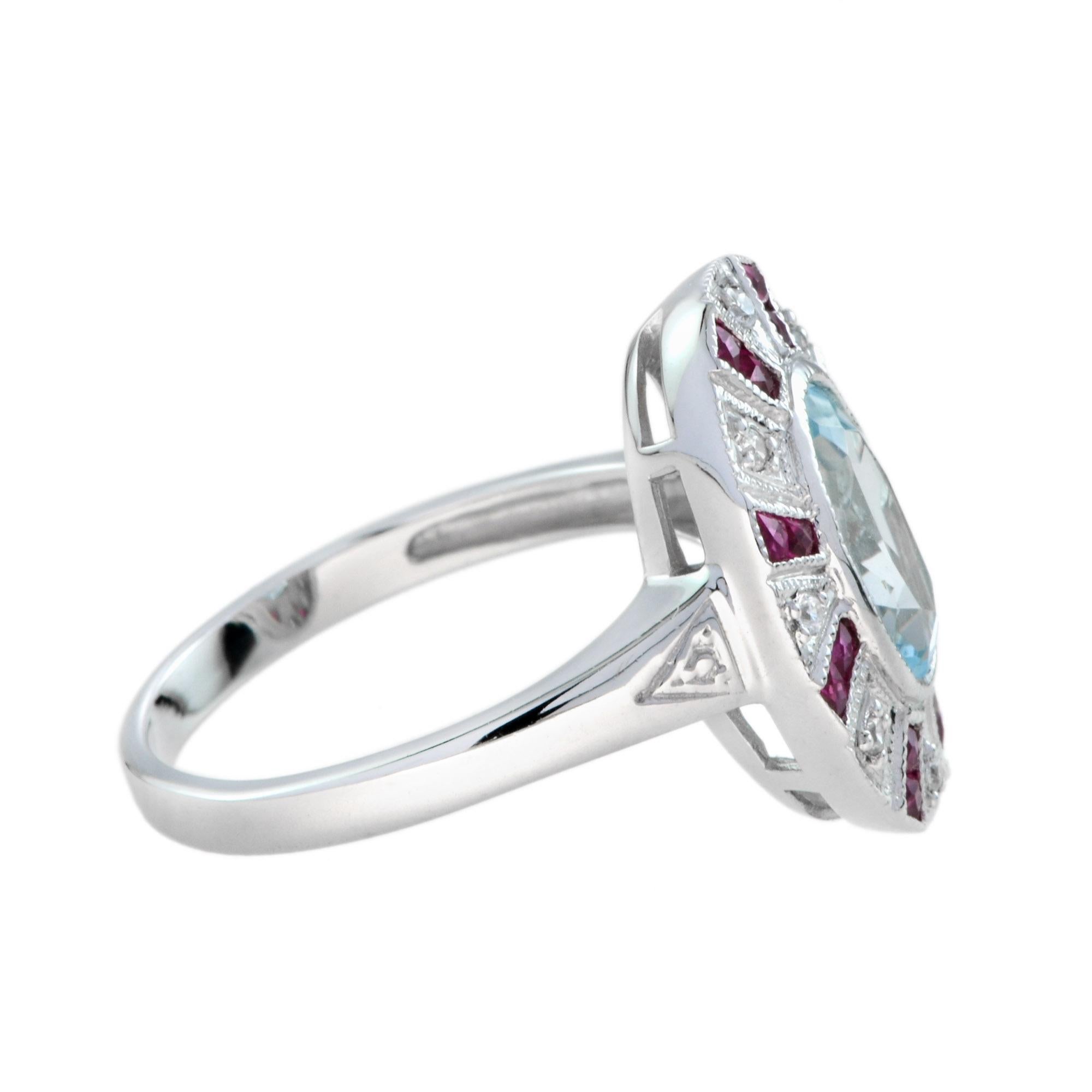 Oval Cut Oval Shape Blue Topaz & Ruby Diamond Halo Art Deco Style 14K White Gold Ring For Sale