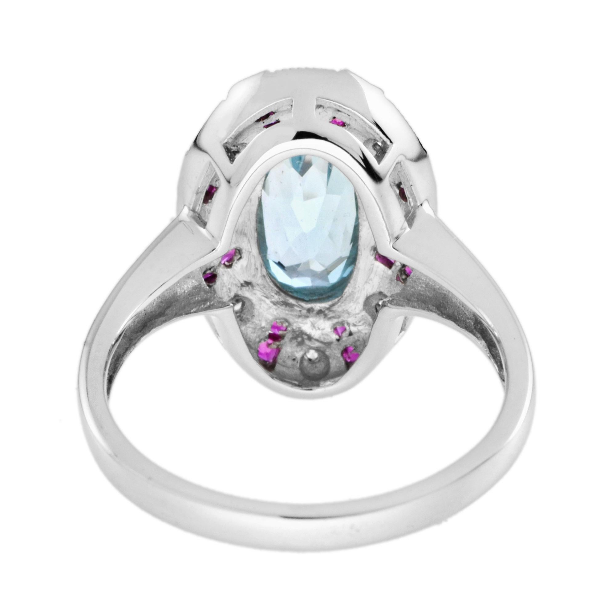 Oval Shape Blue Topaz & Ruby Diamond Halo Art Deco Style 14K White Gold Ring In New Condition For Sale In Oakton, VA