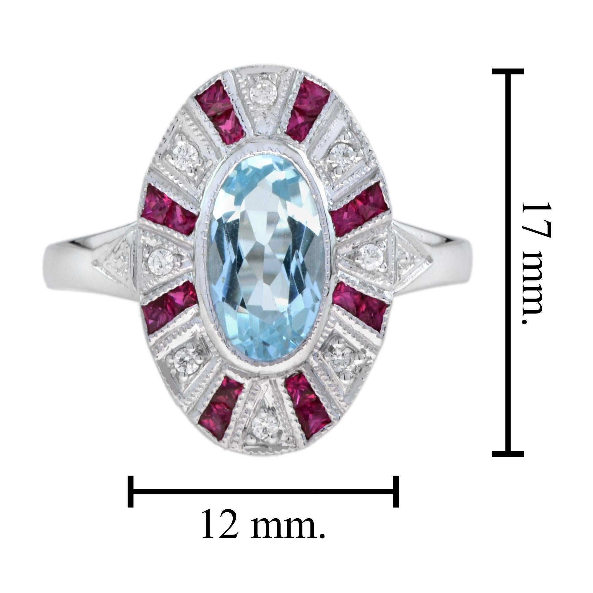 Oval Shape Blue Topaz & Ruby Diamond Halo Art Deco Style 14K White Gold Ring For Sale 1