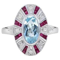 Oval Shape Blue Topaz & Ruby Diamond Halo Art Deco Style 14K White Gold Ring