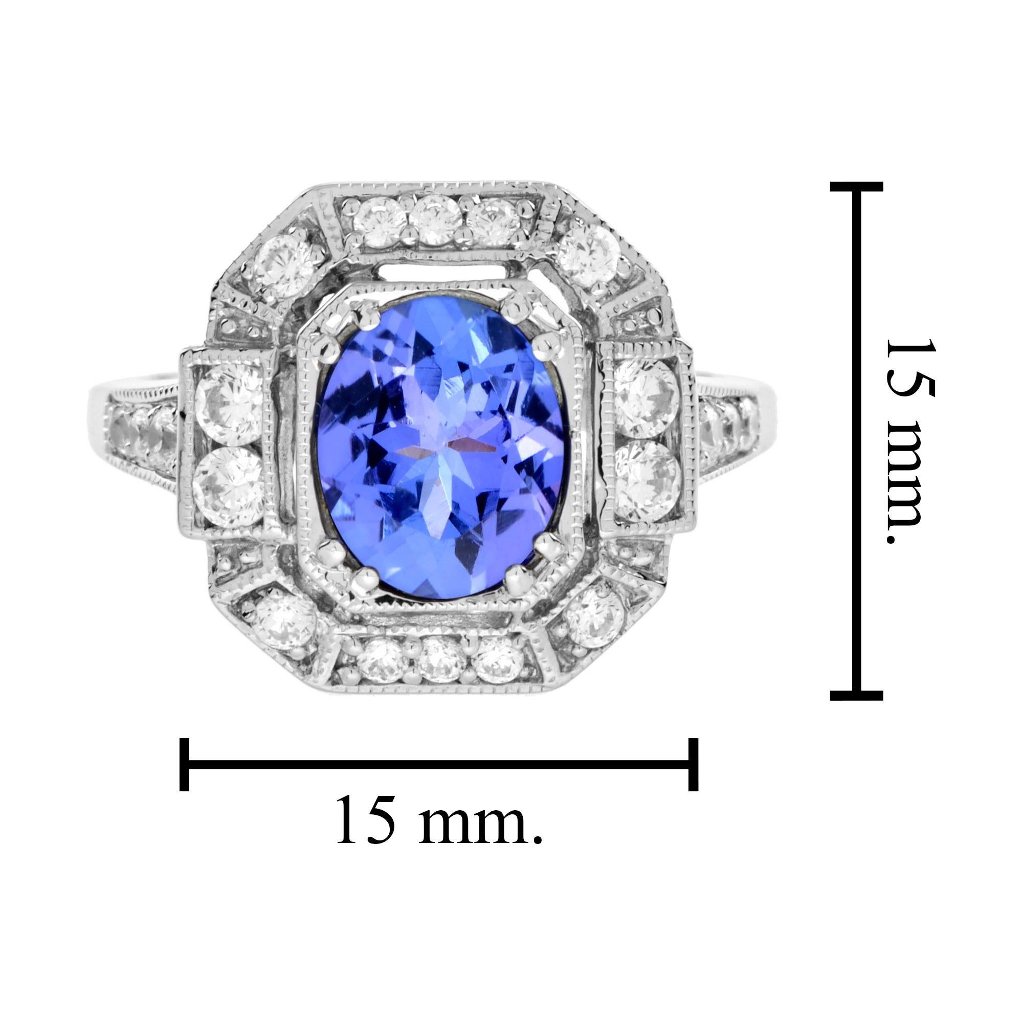 Oval Form Blau Violett Tansanit & Diamant Art Deco Stil Halo Weißgold Ring (Kissenschliff) im Angebot