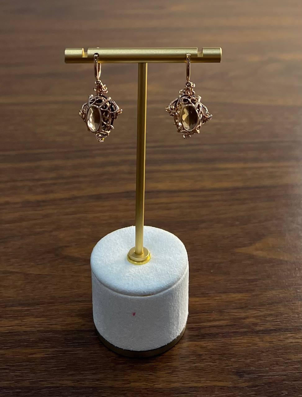 Oval Shape Brown Smoky Quartz 14K Rose Gold Diamond Halo Citrine Earrings For Sale 5