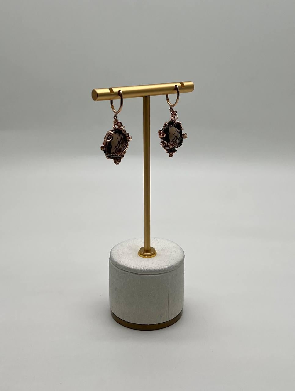 Oval Cut Oval Shape Brown Smoky Quartz 14K Rose Gold Diamond Halo Citrine Earrings For Sale