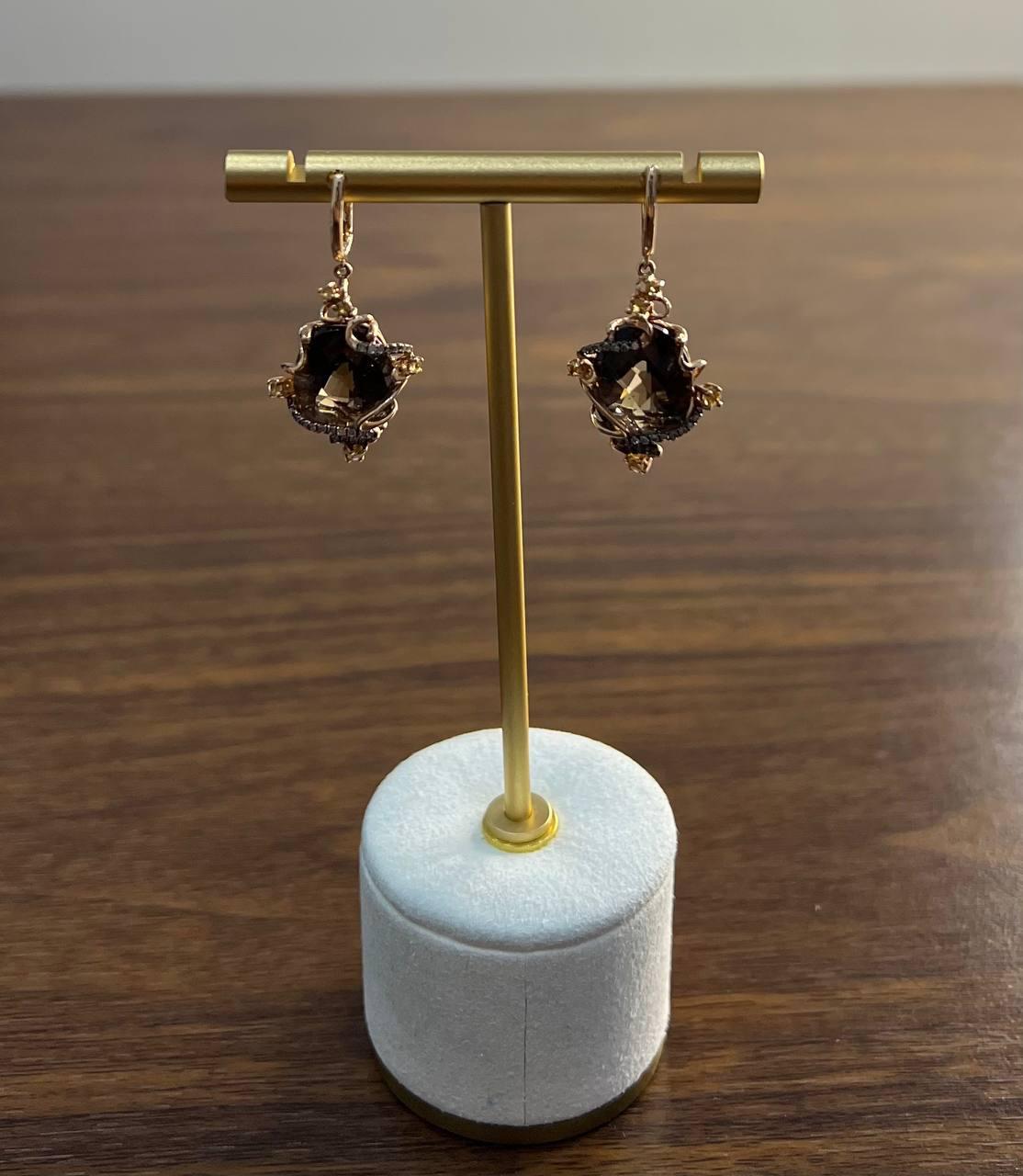 Oval Shape Brown Smoky Quartz 14K Rose Gold Diamond Halo Citrine Earrings For Sale 2
