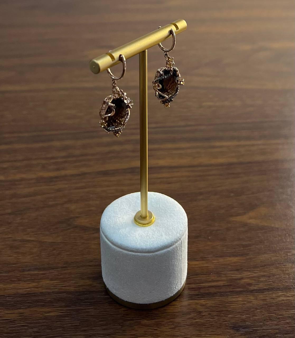 Oval Shape Brown Smoky Quartz 14K Rose Gold Diamond Halo Citrine Earrings For Sale 3