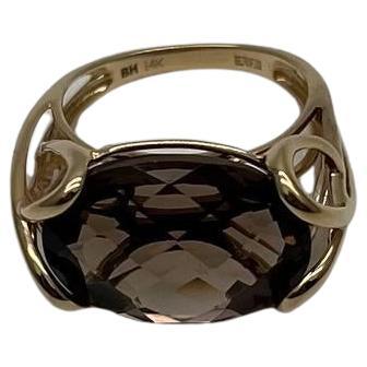 Oval Shape Brown Smoky Quartz 14K Yellow Gold Statement Cocktail Ring
