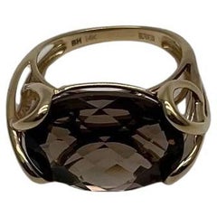 Oval Shape Brown Smoky Quartz 14K Yellow Gold Statement Cocktail Ring
