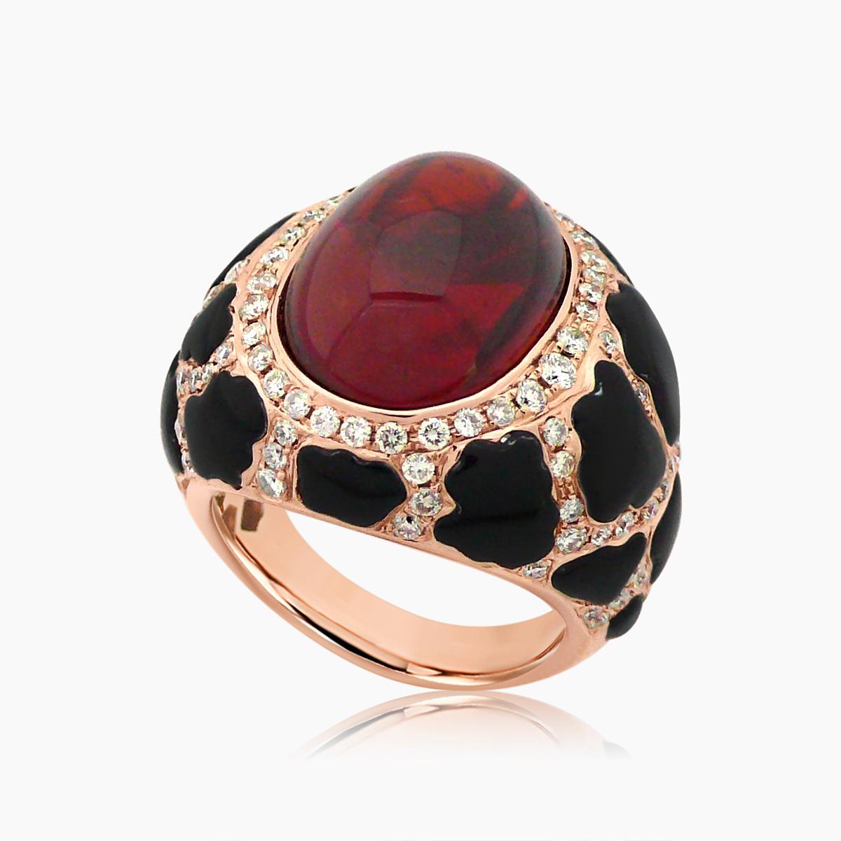 Taglio misto Anello in oro rosa 18 carati con onice nero mandarino cabochon e diamante bianco di forma ovale in vendita