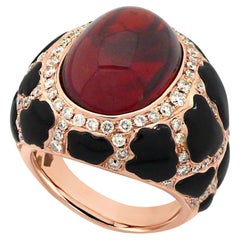 Oval Shape Cabochon Mandarin Black Onyx & White Diamond 18K Rose Gold Ring