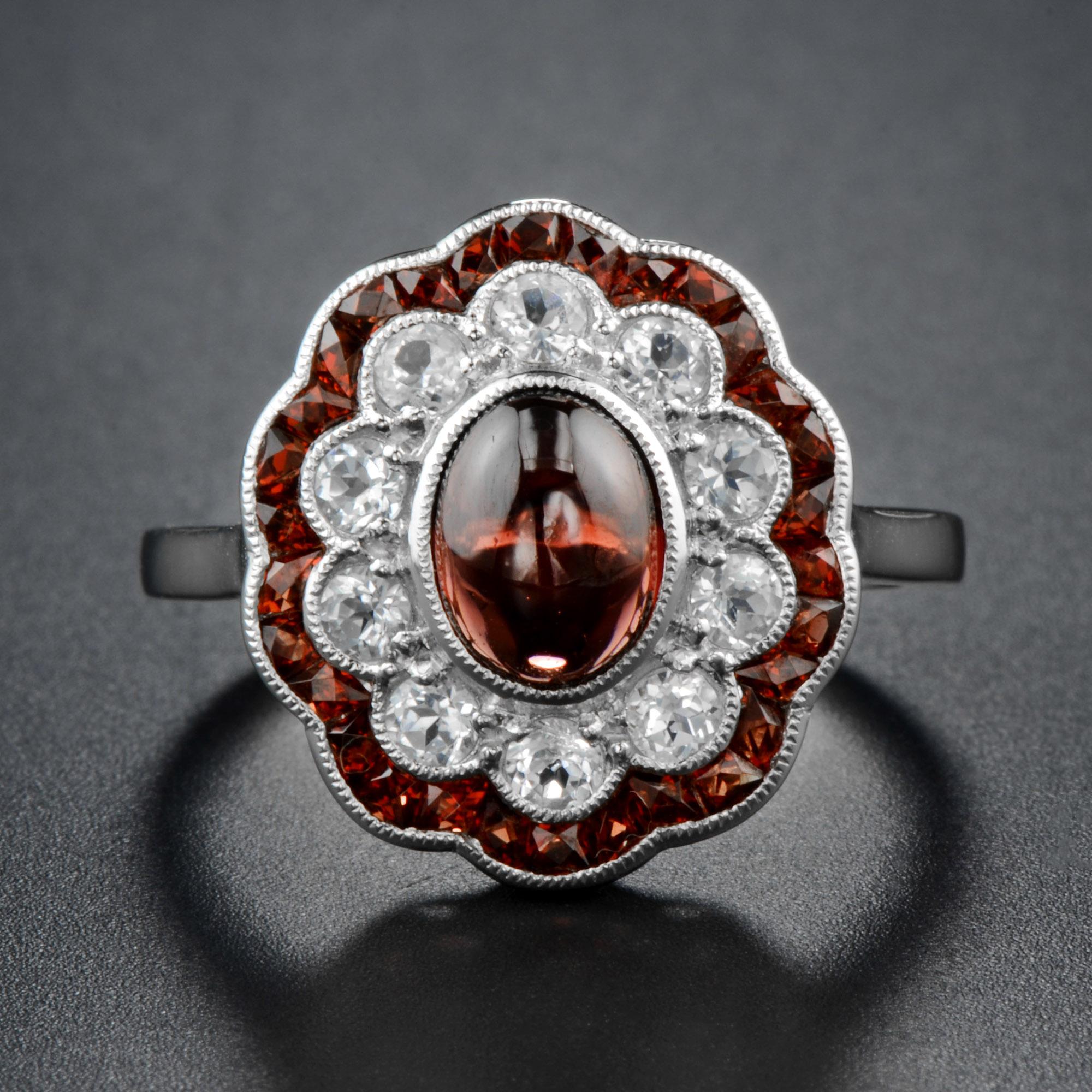 Art Déco Oval Shape Cabochon Red Garnet & Diamond Art Deco Style Halo 14K White Gold Ring in vendita