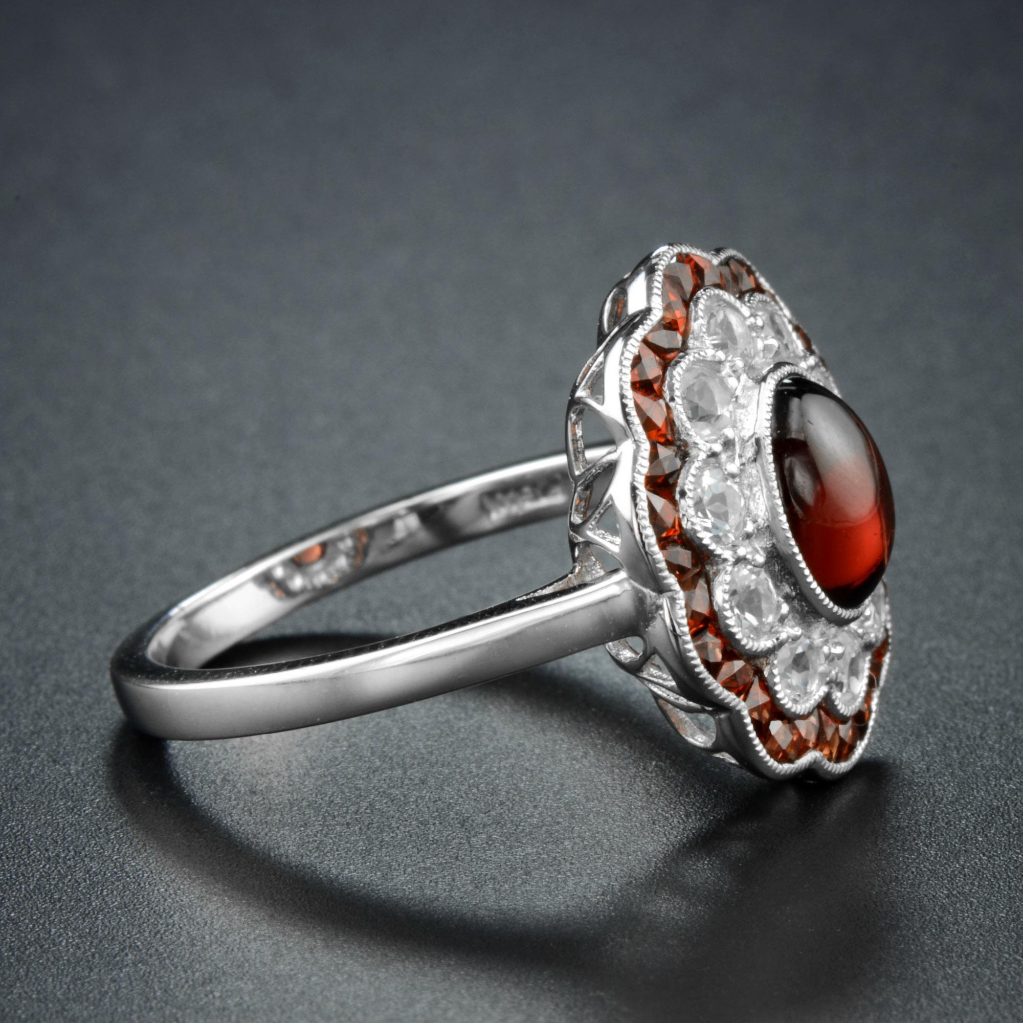 Oval Shape Cabochon Red Garnet & Diamond Art Deco Style Halo 14K White Gold Ring In condizioni Nuovo in vendita a Oakton, VA