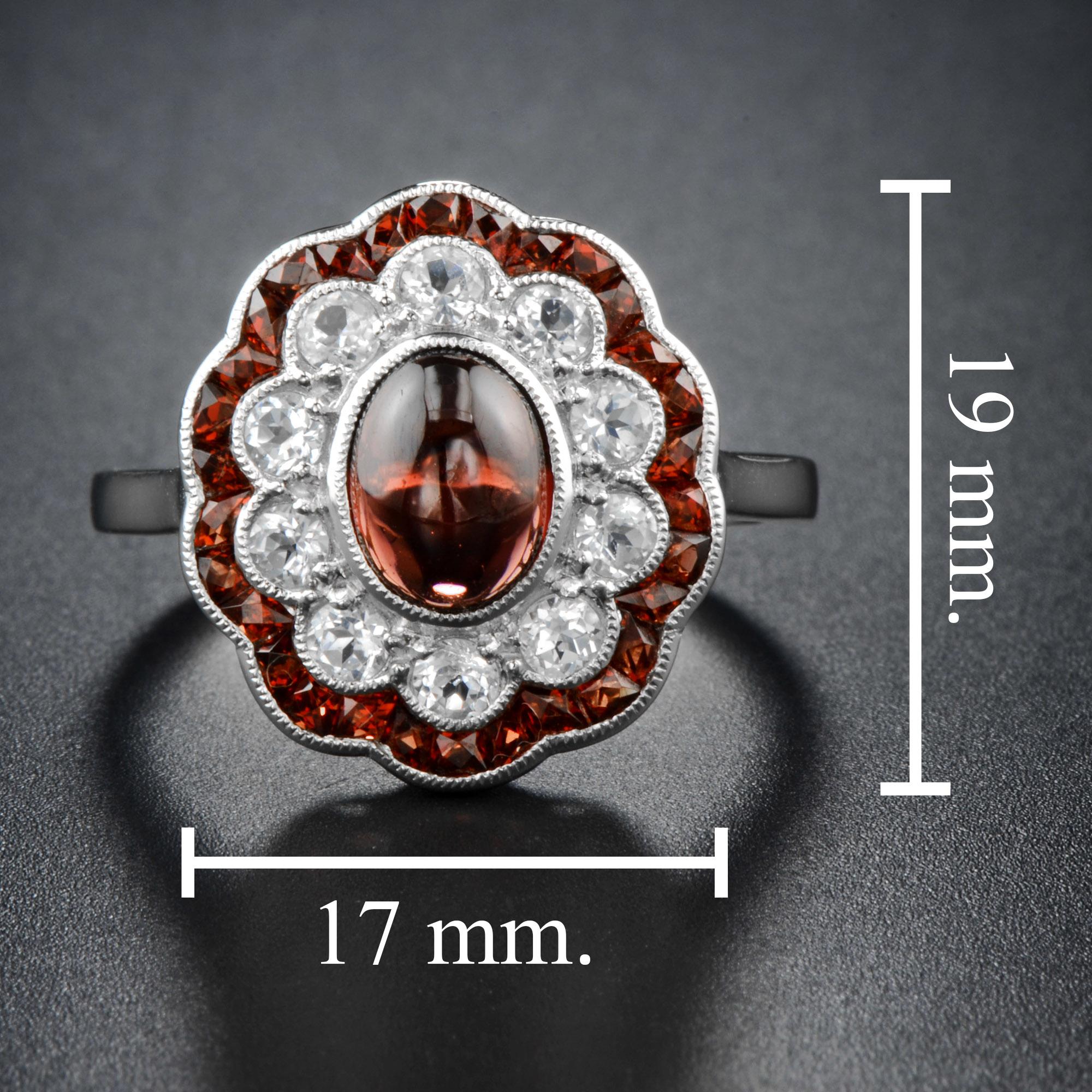 Oval Shape Cabochon Red Garnet & Diamond Art Deco Style Halo 14K White Gold Ring in vendita 1
