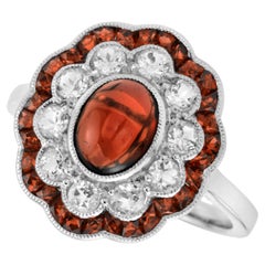 Oval Shape Cabochon Red Garnet & Diamond Art Deco Style Halo 14K White Gold Ring