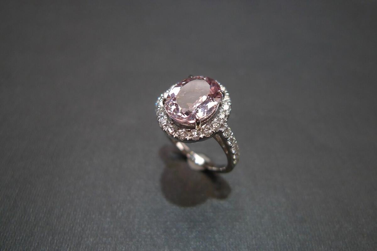 For Sale:  Oval Shape Champagne Pink Morganite and Round Brilliant Cut Halo Engagement Ring 10