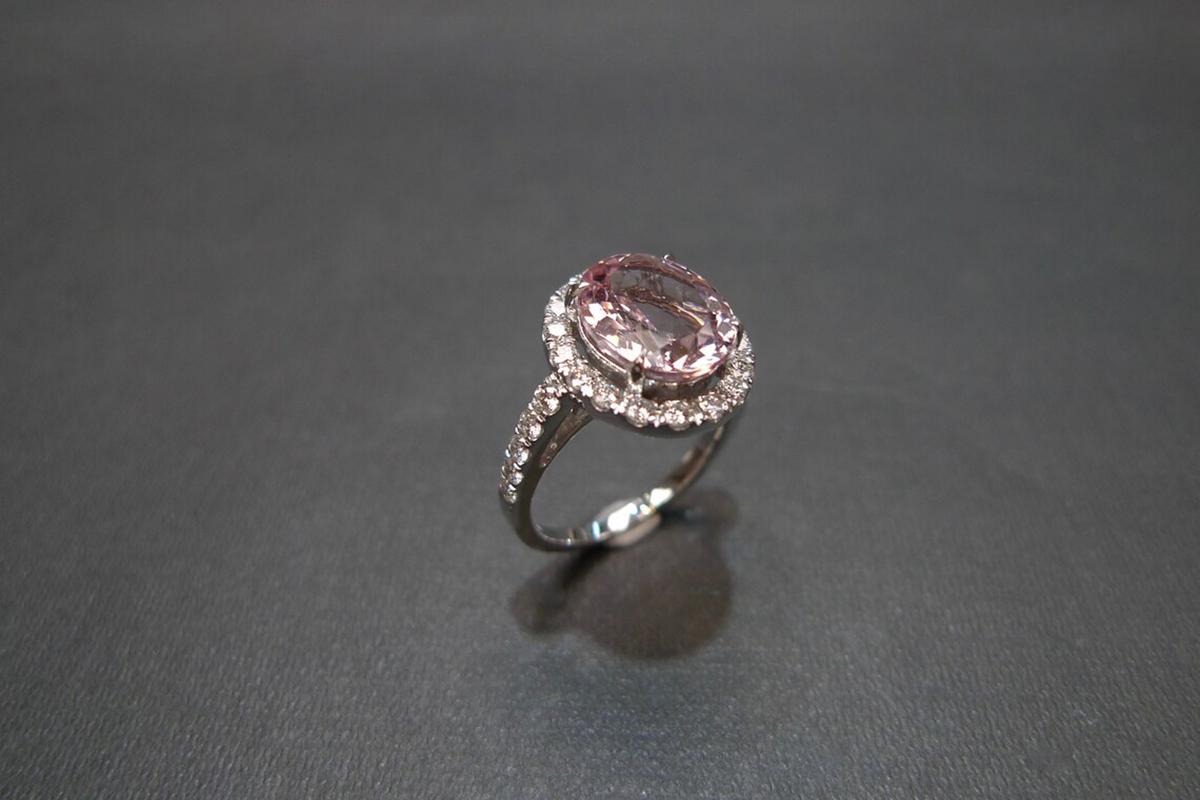 For Sale:  Oval Shape Champagne Pink Morganite and Round Brilliant Cut Halo Engagement Ring 11