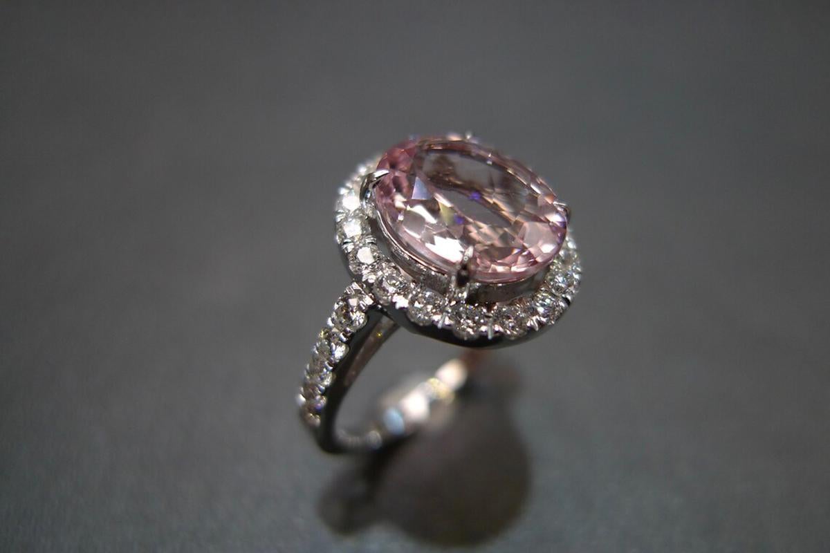 For Sale:  Oval Shape Champagne Pink Morganite and Round Brilliant Cut Halo Engagement Ring 3