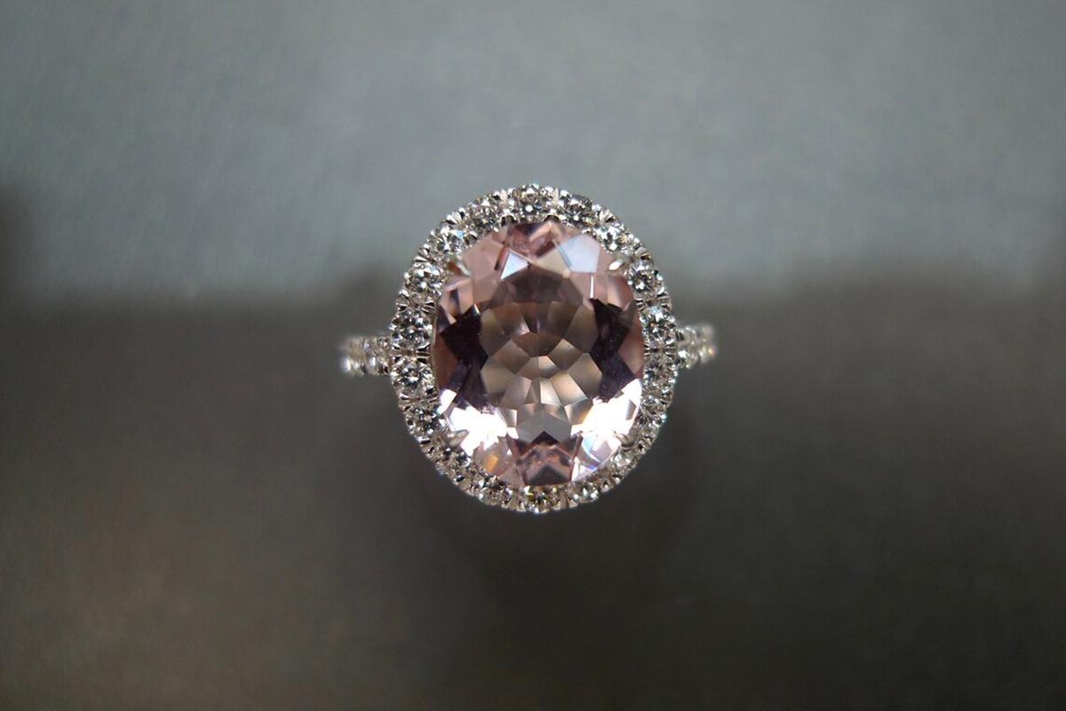 For Sale:  Oval Shape Champagne Pink Morganite and Round Brilliant Cut Halo Engagement Ring 4