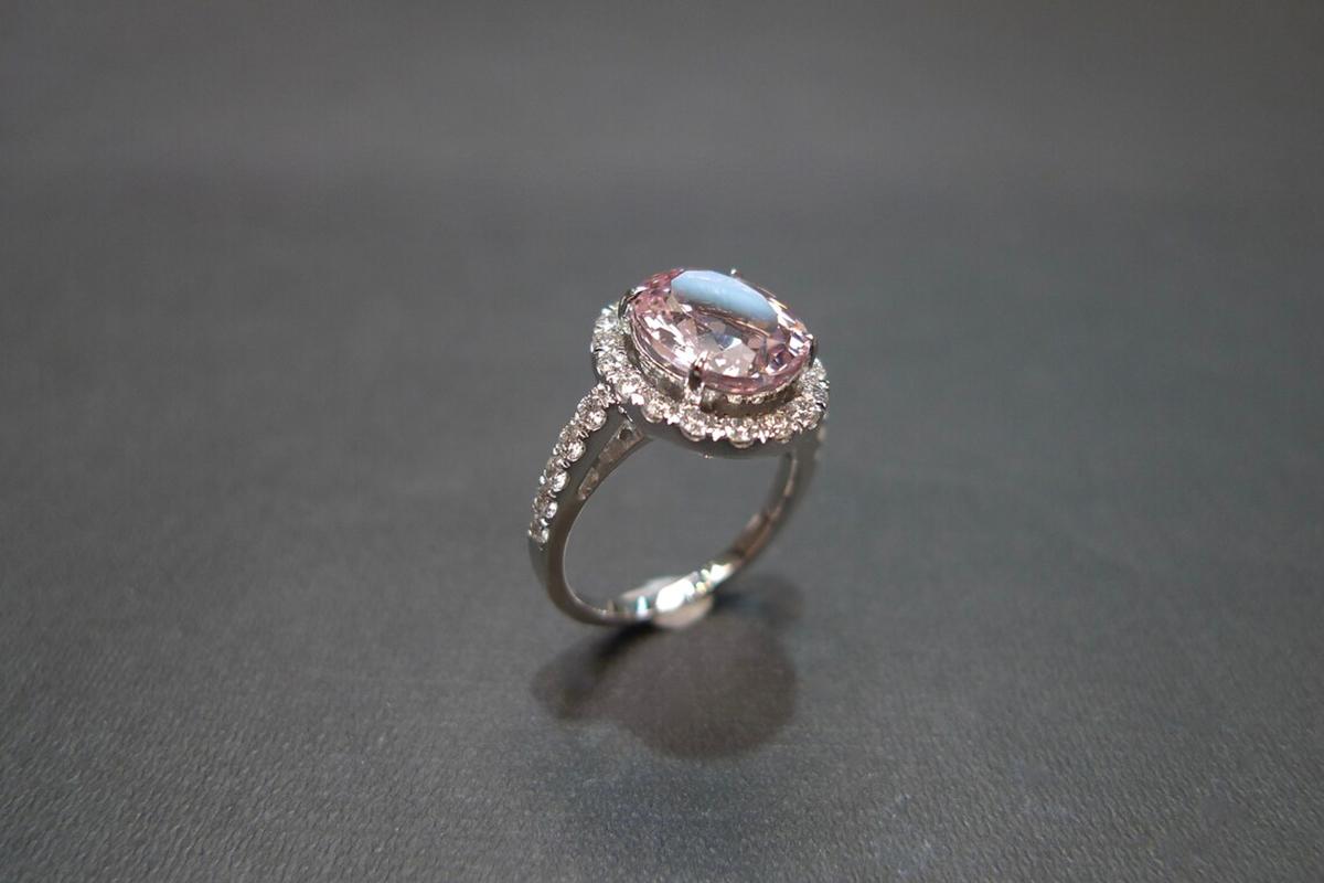 For Sale:  Oval Shape Champagne Pink Morganite and Round Brilliant Cut Halo Engagement Ring 5