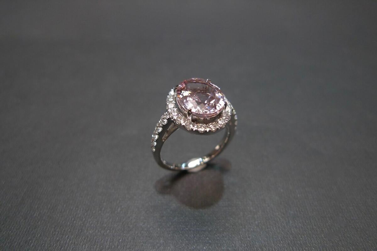 For Sale:  Oval Shape Champagne Pink Morganite and Round Brilliant Cut Halo Engagement Ring 7