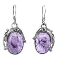 Oval Shape Charoite Drop Earrings 925 Sterling Silver