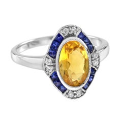 Oval Shape Citrine & Blue Sapphire Diamond Halo Art Deco Style White Gold Ring