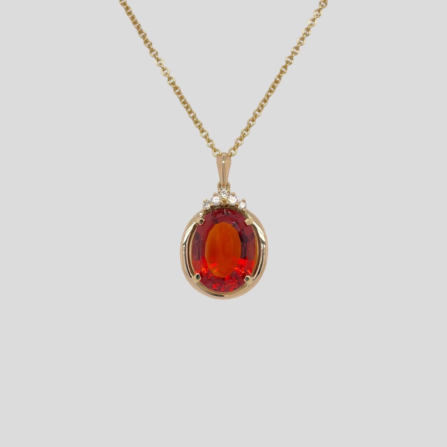 Pendant features 1 center oval brilliant shape citrine weighing approximately 5.80cts. Oval citrine is accented by 5 round brilliant diamonds, approximately 0.08tcw. Center stone measures approximately 14x11mm. Diamonds are near colorless and SI1 in