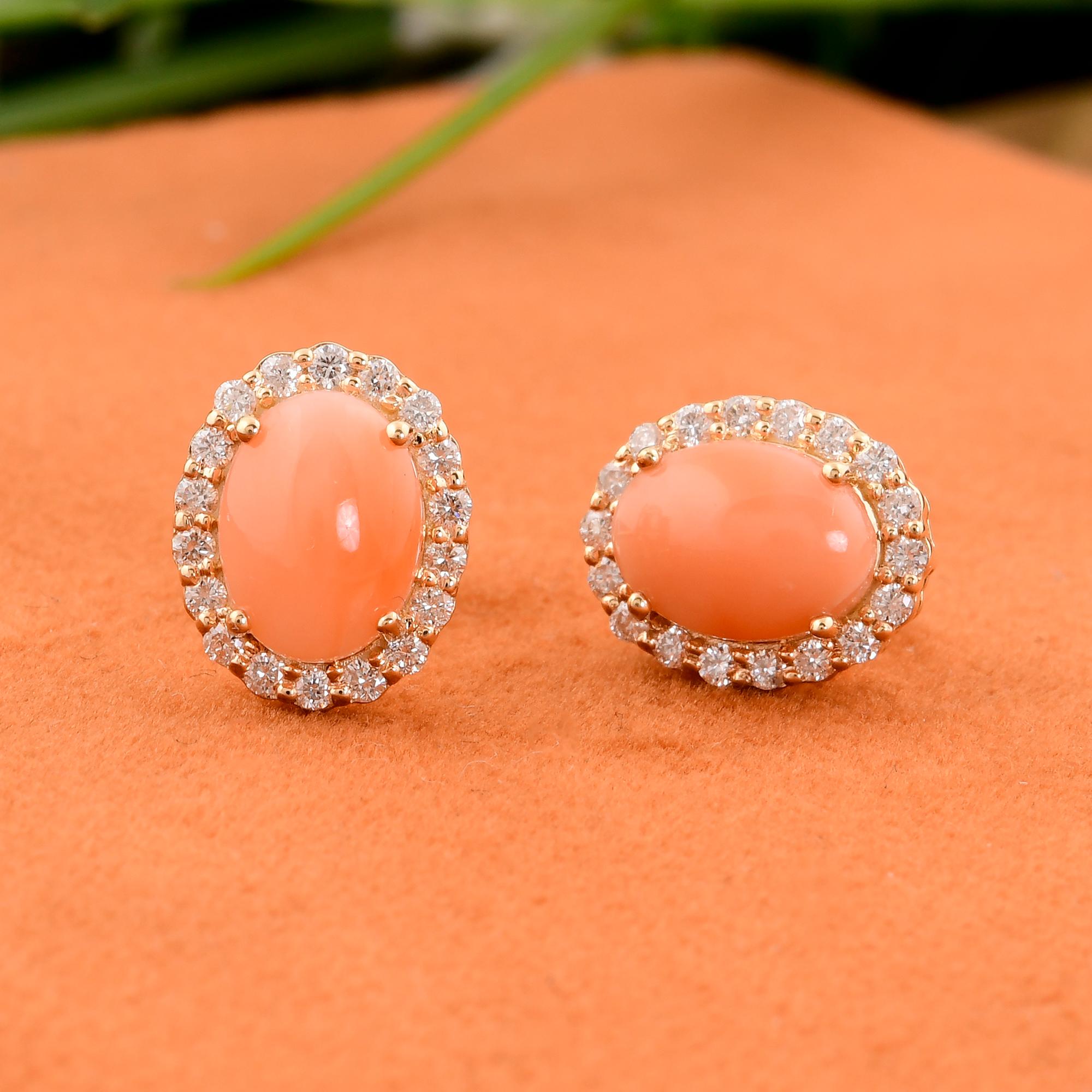 Modern Oval Shape Coral Stud Earrings Diamond 14 Karat Yellow Gold Diamond Fine Jewelry For Sale