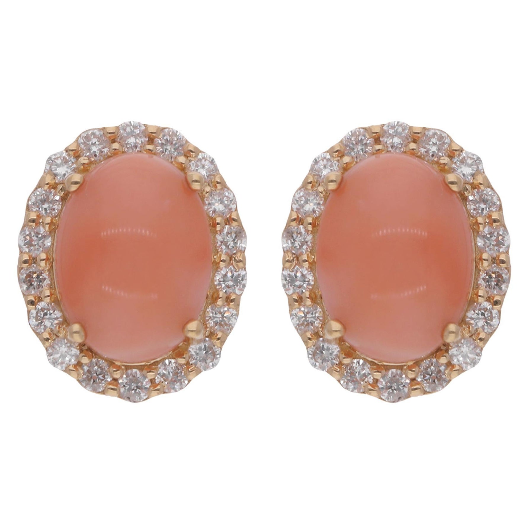 Oval Shape Coral Stud Earrings Diamond 14 Karat Yellow Gold Diamond Fine Jewelry