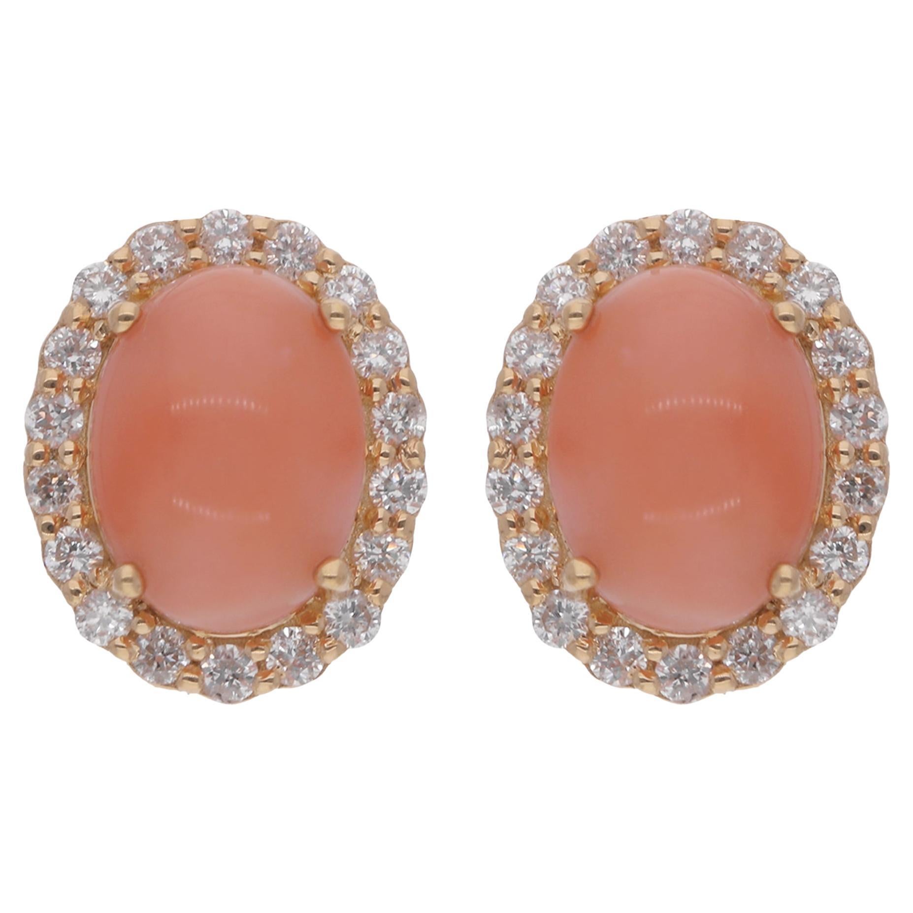 Pendientes de Coral Ovalados Diamante Oro Amarillo 14 Kilates Alta Joyería