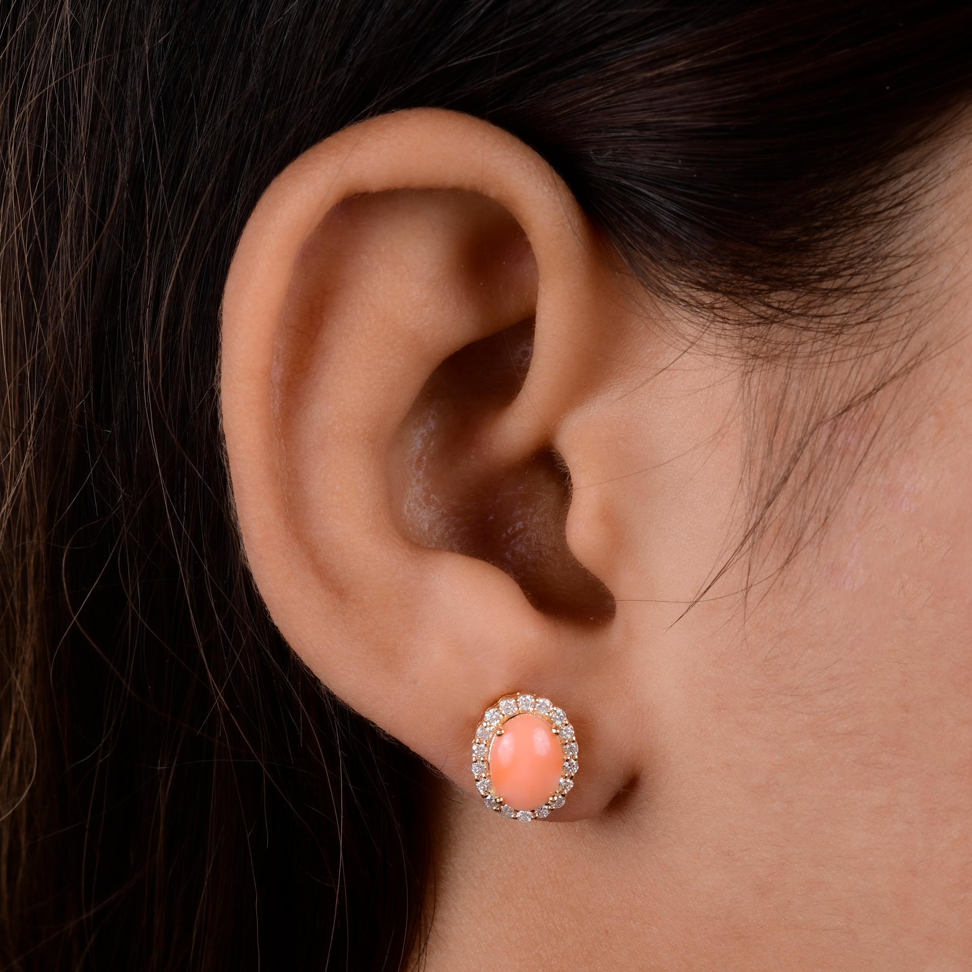 Oval Cut Oval Shape Coral Stud Earrings Diamond 18 Karat Yellow Gold Diamond Fine Jewelry For Sale
