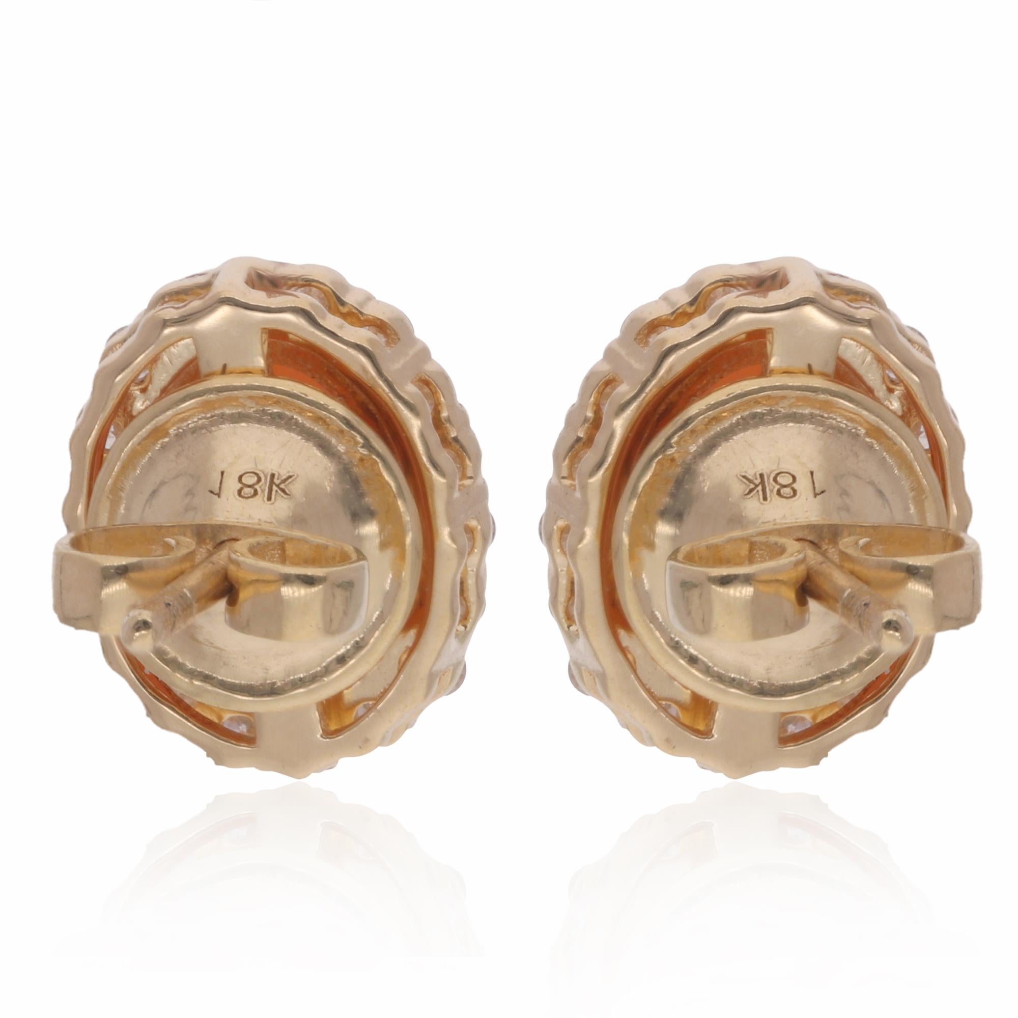 Women's Oval Shape Coral Stud Earrings Diamond 18 Karat Yellow Gold Diamond Fine Jewelry For Sale