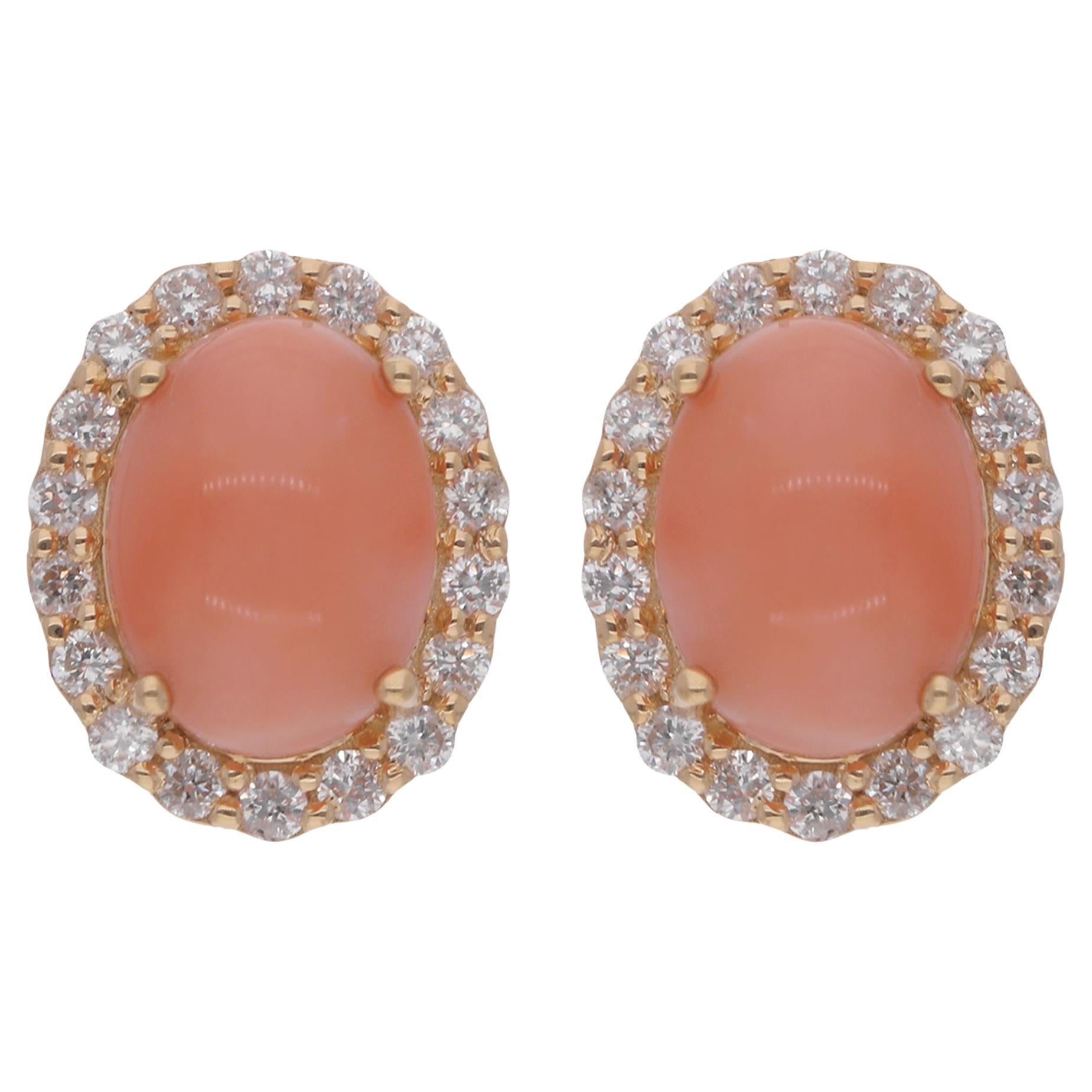 Oval Shape Coral Stud Earrings Diamond 18 Karat Yellow Gold Diamond Fine Jewelry