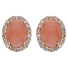 Oval Shape Coral Stud Earrings Diamond 18 Karat Yellow Gold Diamond Fine Jewelry