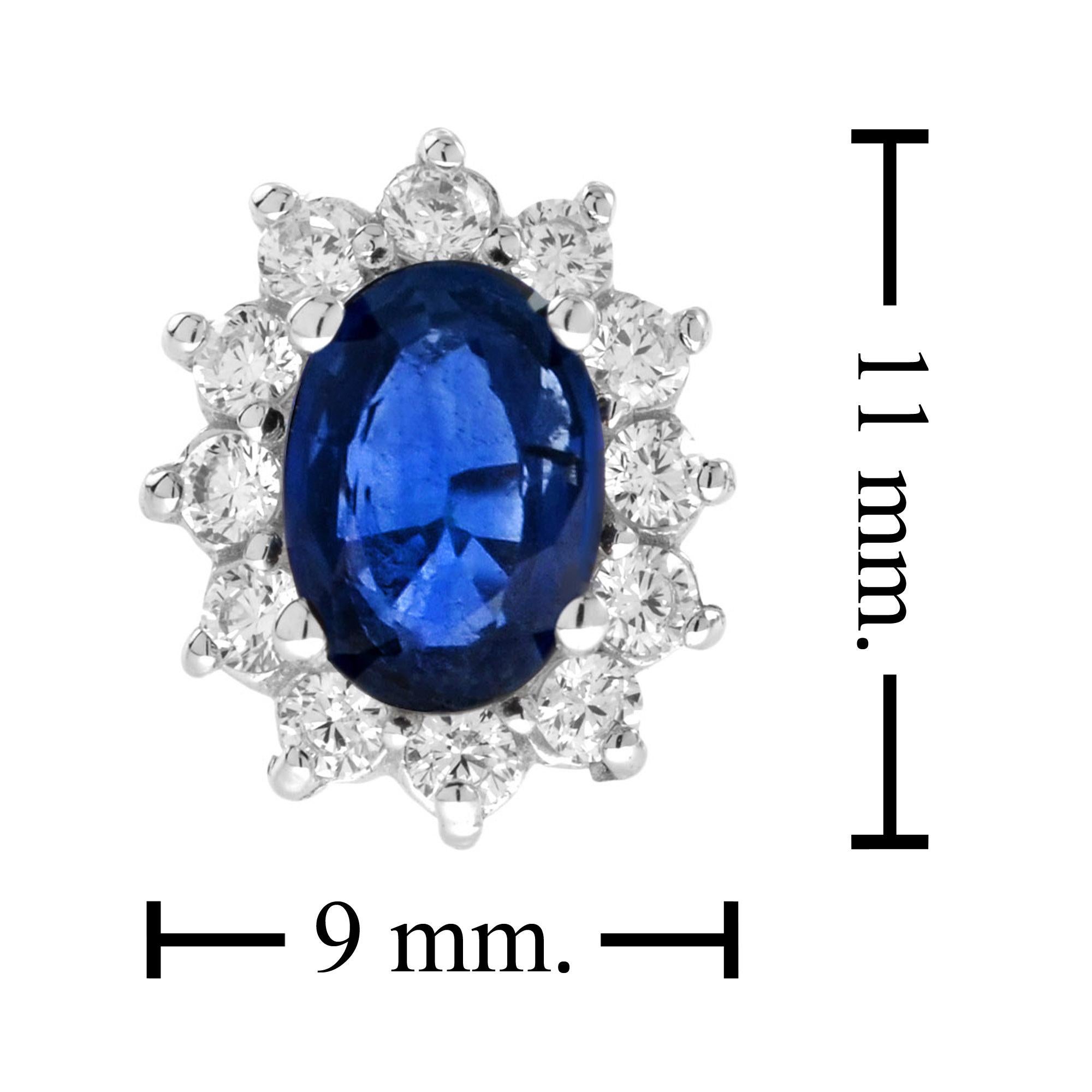 Oval Shape Cut Blue Sapphire & Diamond Halo Set Stud 14K White Gold Earrings In New Condition For Sale In Oakton, VA