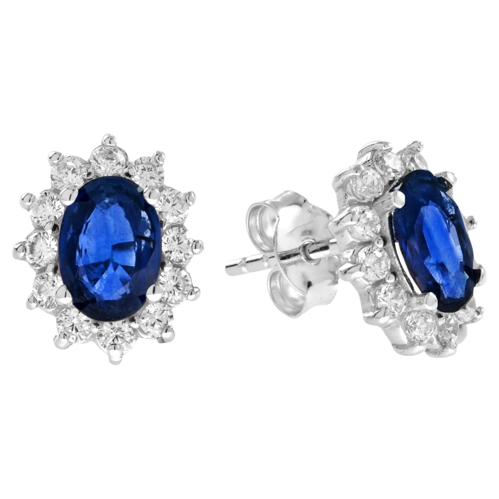 Oval Shape Cut Blue Sapphire & Diamond Halo Set Stud 14K White Gold Earrings