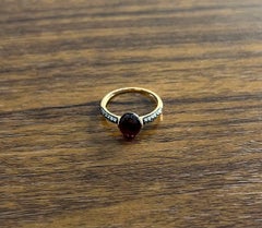 Oval Shape Dark Red Ruby Cabochon 14K Yellow Gold Diamond Accented Cocktail Ring