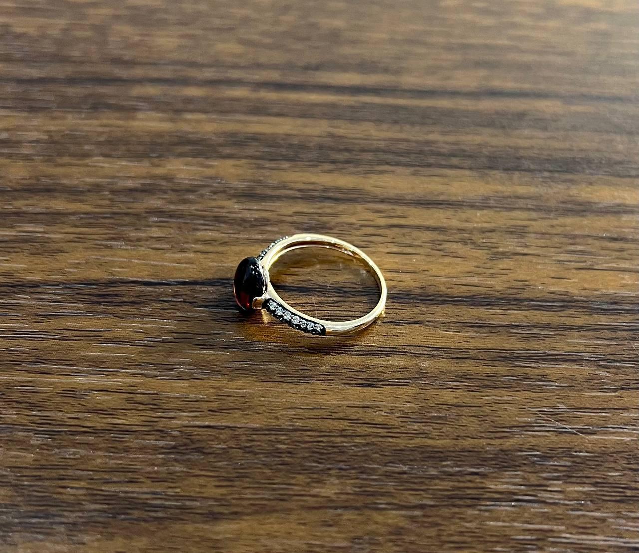 Oval Shape Dark Red Ruby Cabochon 14K Yellow Gold Diamond Accented Cocktail Ring In New Condition For Sale In Oakton, VA