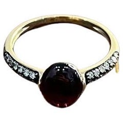 Oval Shape Dark Red Ruby Cabochon 14K Yellow Gold Diamond Accented Cocktail Ring