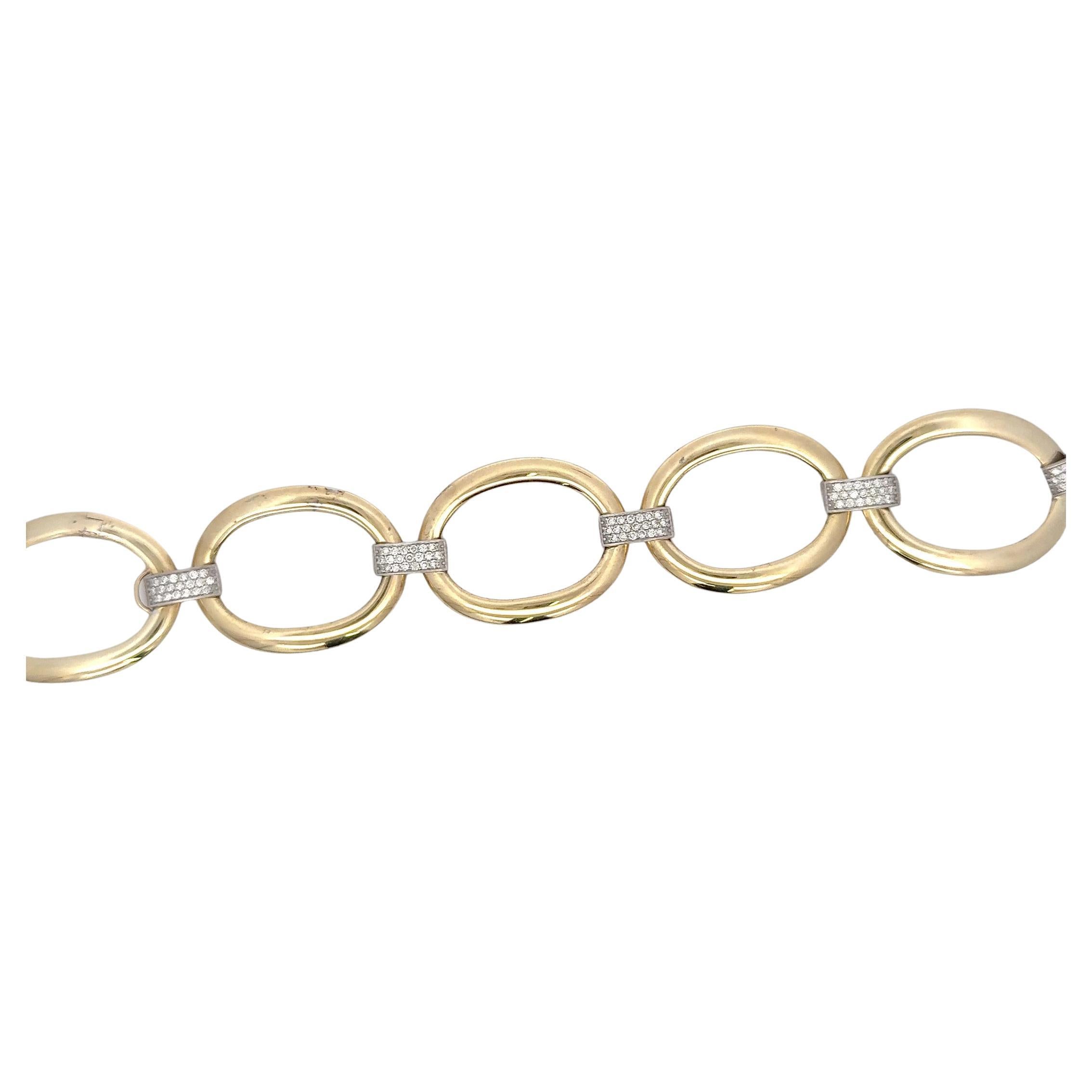 14 Karat yellow gold bracelet featuring 5 oval link in between a diamond bar with 95 round brilliants weighing 0.95 carats, 16.86 Grams. 
Color I Clarity VS2

More Link Bracelets in Stock. Different Styles & Gold Color. 
Message for Pictures &