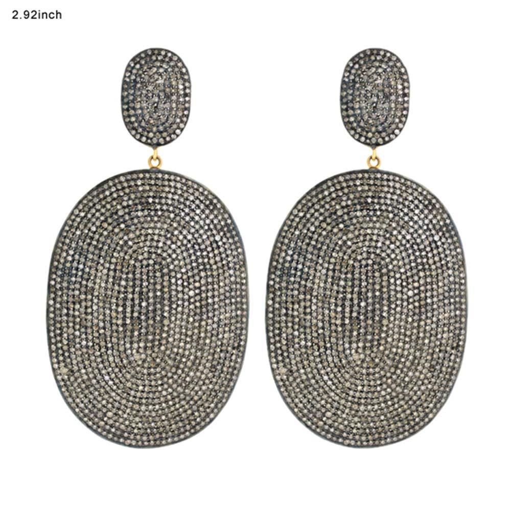 Ovaler ovaler Diamant-Pavé-Tropfen-Ohrring aus Silber und 14k Gold (Moderne) im Angebot