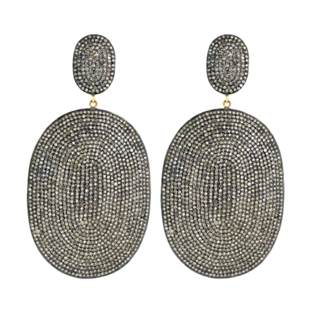 Oval Shape Diamond Pave Drop Earring in Silver and 14k Gold