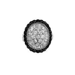 Oval Shape Diamond Ring with Round & Baguette White Black Diamonds 14 Karat Gold