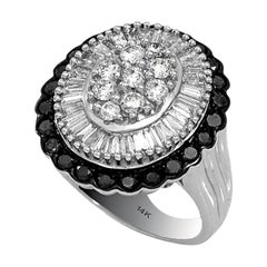 Oval Shape Diamond Ring with Round & Baguette White Black Diamonds 14 Karat Gold