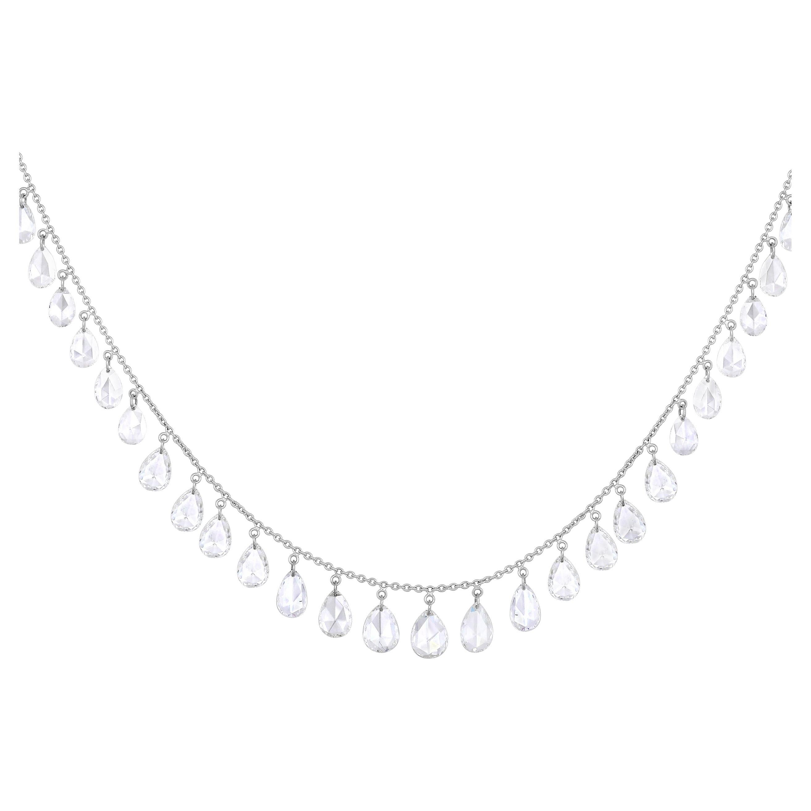 Oval Shape Diamond Stone Cut 18K White Gold Rose Necklace