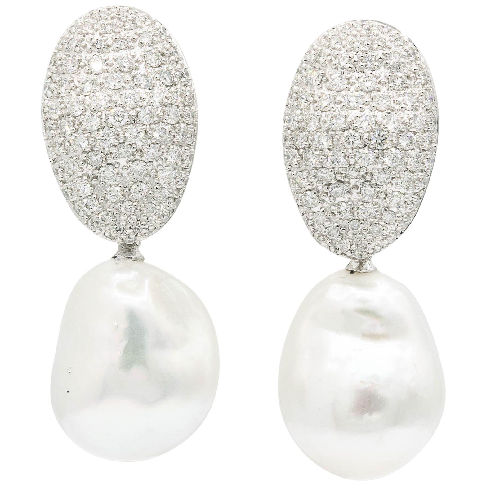 Day & Night South Sea Baroque Pearl Diamond Earrings 2.10 Carats 18K For Sale