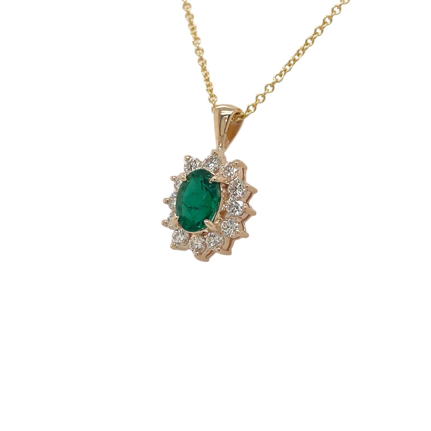 Romantic Oval Shape Emerald & Diamond Halo Pendant in 14K Yellow Gold For Sale