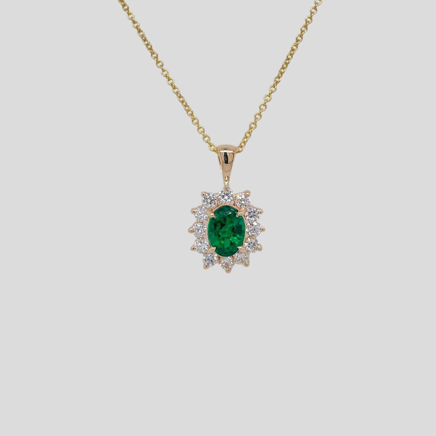 Oval Cut Oval Shape Emerald & Diamond Halo Pendant in 14K Yellow Gold For Sale