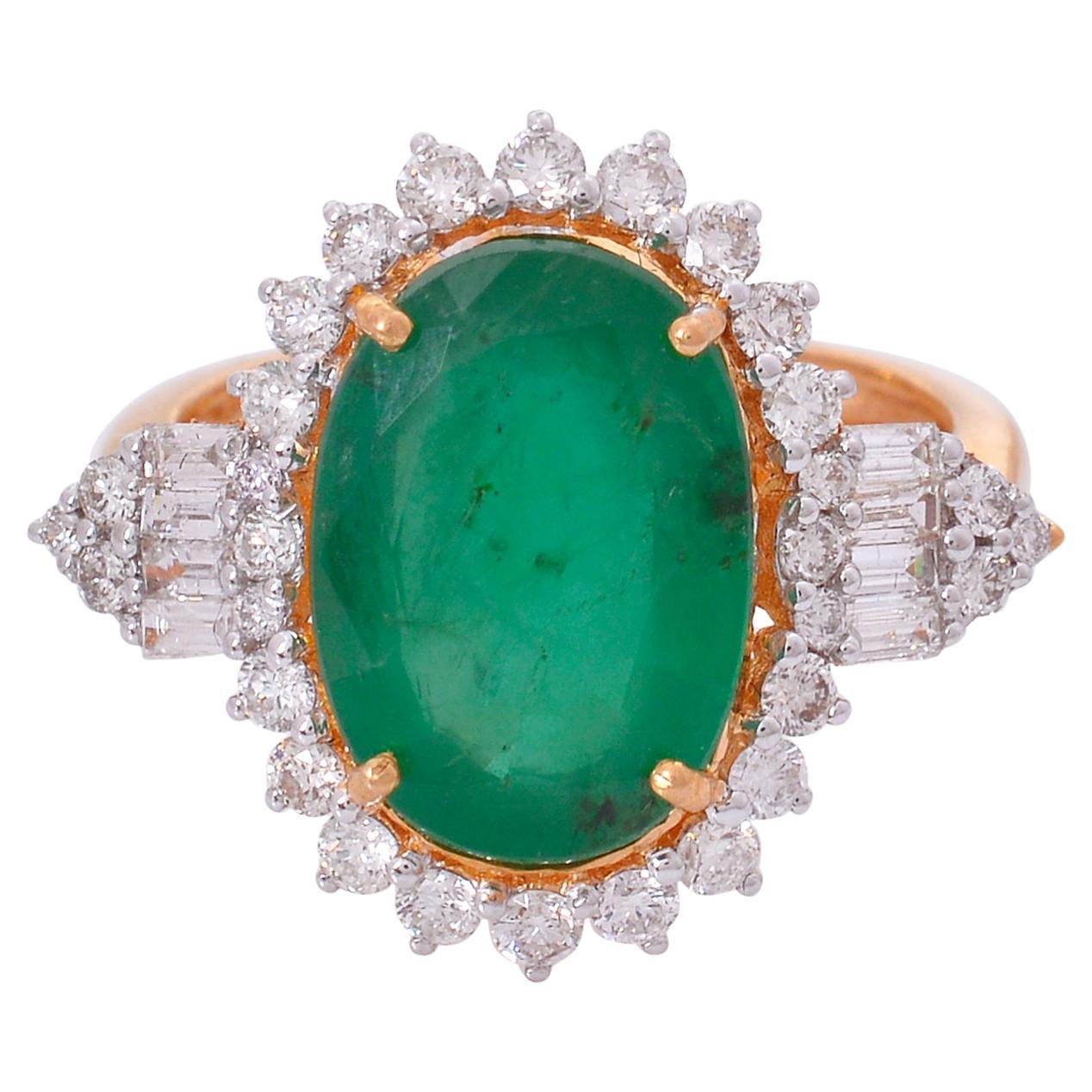 For Sale:  Oval Shape Emerald Gemstone Cocktail Ring Baguette Diamond 18 Karat Rose Gold