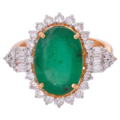 Oval Shape Emerald Gemstone Cocktail Ring Baguette Diamond 18 Karat Rose Gold