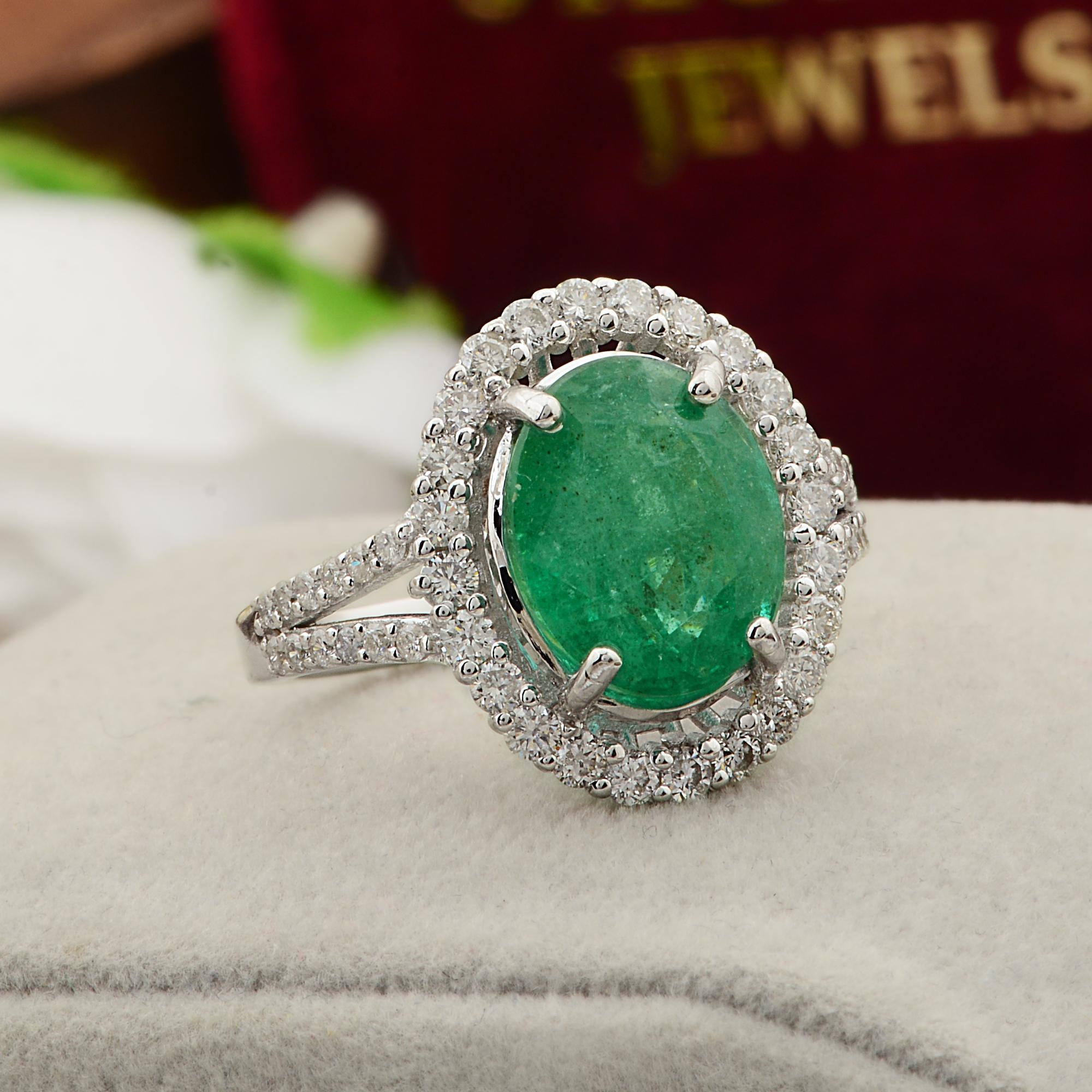 Modern Oval Shape Emerald Gemstone Cocktail Ring Diamond 10 Karat White Gold Jewelry For Sale